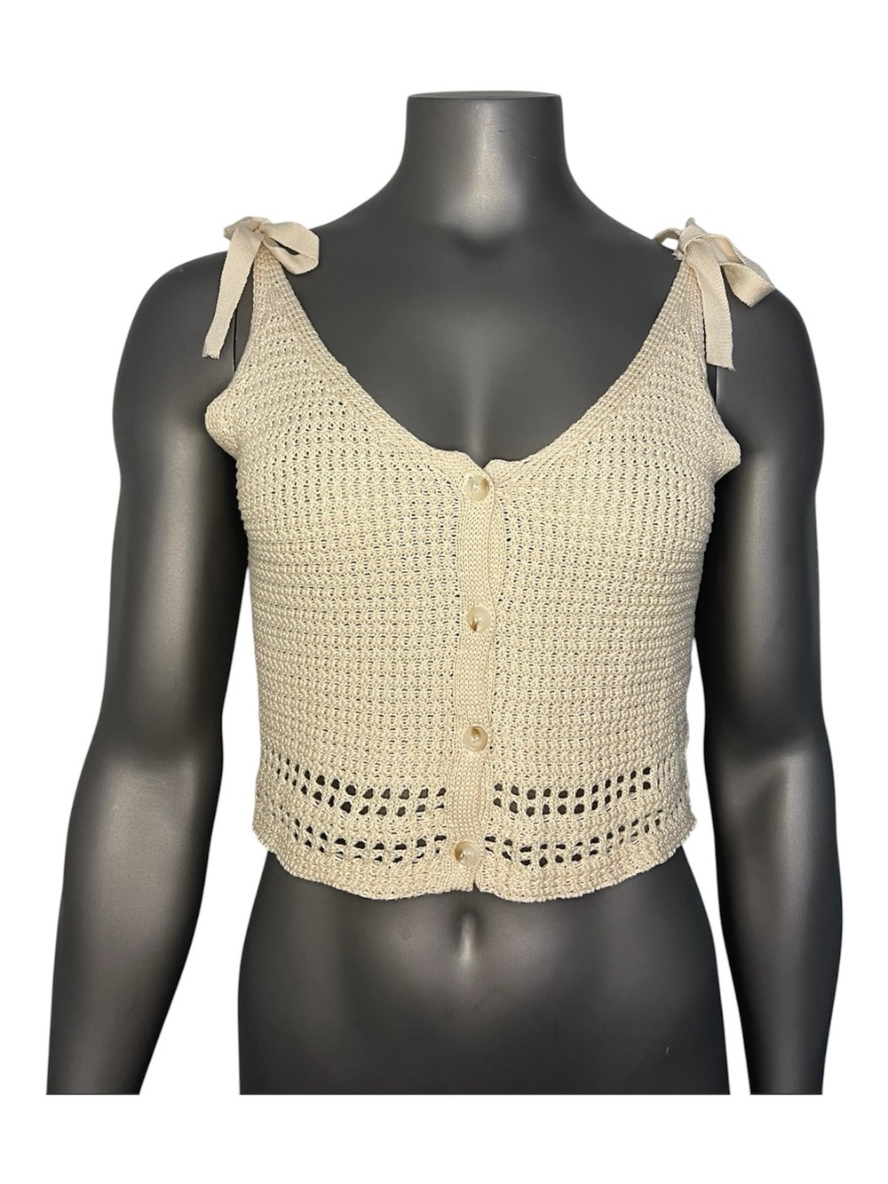 Blashe Tie-Shoulder Crochet Button-Front Tank Top Cream Viscose Neutral Sexy